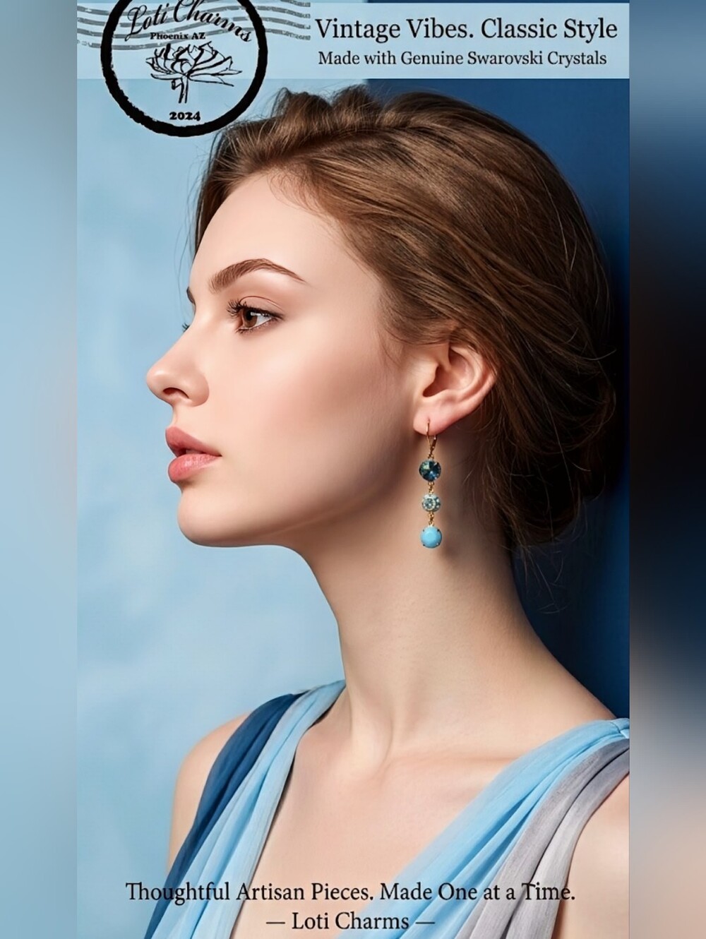 Turquoise Blue And Flower Swarovski Crystal In Drop Down Earrings